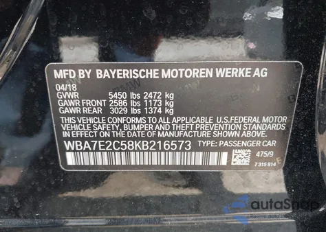 2019 BMW 740I z USA, uszkodzony, nr VIN WBA7E2C58KB216573